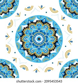 Seamless pattern with Turkish evil eye bead. Good luck. Turkish tile. Oriental ottoman design for wallpapers, pattern fills, textile