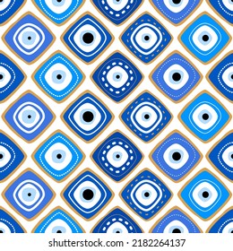 Seamless pattern with Turkish evil eye bead. Good luck. Turkish tile. Oriental ottoman design vector background. Perfect for wallpapers, pattern fills, web page backgrounds, surface textures, textile