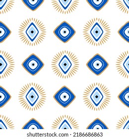 Seamless pattern with Turkish evil eye bead. Good luck. Turkish tile. Oriental ottoman design vector background. Perfect for wallpapers, pattern fills, web page backgrounds, surface textures, textile