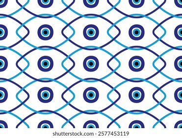 Seamless pattern with Turkish evil eye bead. Good luck. Turkish tile. Oriental ottoman design vector background. Perfect for wallpapers, pattern fills, web page backgrounds, surface textures, textile