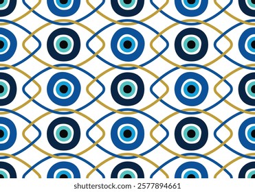 Seamless pattern with Turkish evil eye bead. Good luck. Turkish tile. Oriental ottoman design vector background. Perfect for wallpapers, pattern fills, web page backgrounds, surface textures, textile