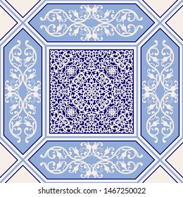 Seamless pattern in turkish style. Azulejos tile patchwork. Portuguese and Spain decor. Islam, Arabic, Indian, motif.  Hand drawn background. Perfect for printing on fabric, paper, ceramic tile