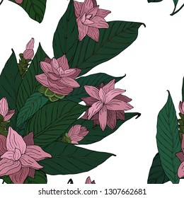 Seamless pattern with turmeric (curcuma). Exotic flowers and leaves. Botanical pattern. Stylish illustration. For wrapping paper, wallpaper, fabrics, cloth, home decor.