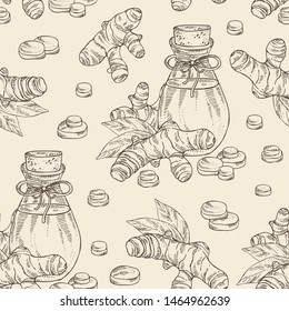 Seamless pattern with turmeric root, leaves and bottle of turmeric essential oil. Cosmetic, perfumery and medical plant. Vector hand drawn illustration