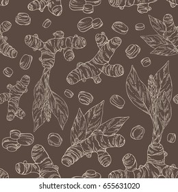 Seamless pattern with turmeric: turmeric root and leaves. Vector hand drawn illustration.