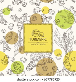 Seamless pattern with turmeric: turmeric root and leaves. Vector hand drawn illustration.