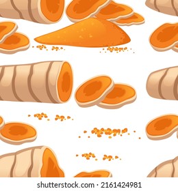 Seamless pattern of Turmeric root seasoning with root and milled powder vector illustration