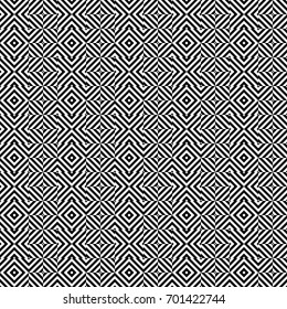Seamless pattern with turned squares (rhombuses), striped black white diagonal lines. Optical illusion effect. Geometric tile in op art style. Vector illusive background. Futuristic vibrant design.