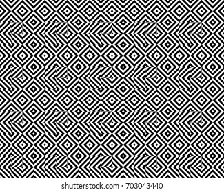 Seamless pattern with turned squares (rhombuses), striped black white diagonal lines. Optical illusion effect. Geometric tile in op art style. Vector illusive background. Futuristic vibrant design.