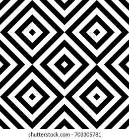 Seamless pattern with turned squares (rhombuses), striped black white diagonal lines. Optical illusion effect. Geometric tile in op art style. Vector illusive background. Futuristic vibrant design.