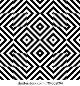 Seamless pattern with turned squares (rhombuses), striped black white diagonal lines. Optical illusion effect. Geometric tile in op art style. Vector illusive background. Futuristic vibrant design.