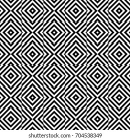 Seamless pattern with turned squares (rhombuses), striped black white diagonal lines. Optical illusion effect. Geometric tile in op art style. Vector illusive background. Futuristic vibrant design.