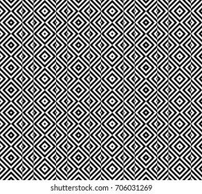 Seamless pattern with turned squares (rhombuses), striped black white diagonal lines. Optical illusion effect. Geometric tile in op art style. Vector illusive background. Futuristic vibrant design.