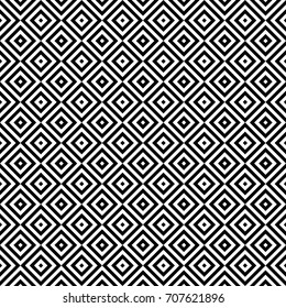 Seamless pattern with turned squares (rhombuses), striped black white diagonal lines. Optical illusion effect. Geometric tile in op art style. Vector illusive background. Futuristic vibrant design.