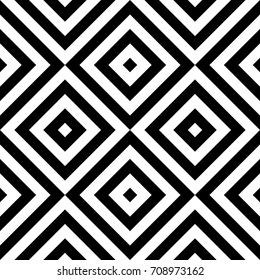 Seamless pattern with turned squares (rhombuses), striped black white diagonal lines. Optical illusion effect. Geometric tile in op art style. Vector illusive background. Futuristic vibrant design.