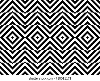 Seamless pattern with turned squares (rhombuses), striped black white diagonal lines. Optical illusion effect. Geometric tile in op art style. Vector illusive background. Futuristic vibrant design.