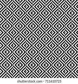 Seamless pattern with turned squares (rhombuses), striped black white diagonal lines. Optical illusion effect. Geometric tile in op art style. Vector illusive background. Futuristic vibrant design.