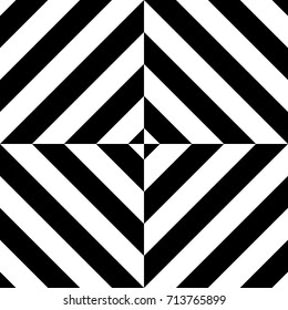 Seamless pattern with turned squares (rhombuses), striped black white diagonal lines. Optical illusion effect. Geometric tile in op art style. Vector illusive background. Futuristic vibrant design.