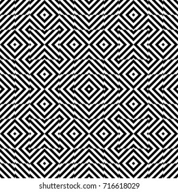 Seamless pattern with turned squares (rhombuses), striped black white diagonal lines. Optical illusion effect. Geometric tile in op art style. Vector illusive background. Futuristic vibrant design.