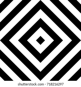 Seamless pattern with turned squares (rhombuses), striped black white diagonal lines. Optical illusion effect. Geometric tile in op art style. Vector illusive background. Futuristic vibrant design.