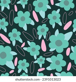 Seamless pattern with turquoise abstract flower and leaves,  dark backgrounds. Cute simple spring flowers.