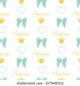 Seamless pattern with turquoise bows and crowns. Children's textiles, cute drawings, bright girlish design.