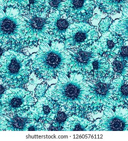 Seamless pattern with turquoise chrysanthemum flowers. Modern floral texture