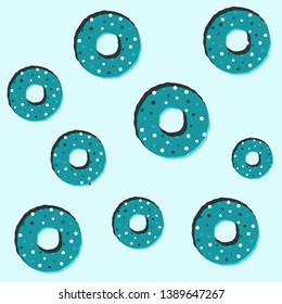 Seamless pattern of turquoise donuts on light green background. Delicious chocolate chip donuts