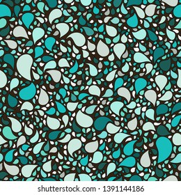 Seamless pattern with turquoise, green and blue hand drown drops on dark background.