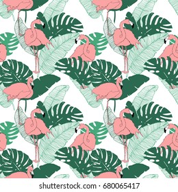 Seamless pattern turquoise green monstera leaves with pink exotic flamingo