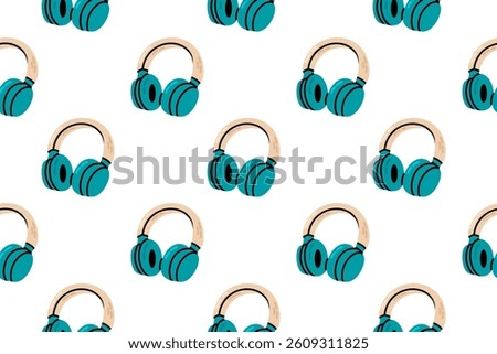 Seamless pattern of turquoise headphones on white background, perfect for music, podcast, and workout-related designs