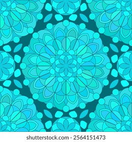 Seamless pattern with turquoise Indian floral ornament for fabric swatch or wrapping paper. Vector vivid abstract kaleidoscopic background