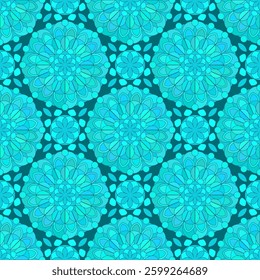 Seamless pattern with turquoise Indian floral ornament for fabric swatch or wrapping paper. Vector abstract kaleidoscopic background
