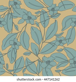 Seamless pattern with turquoise leaves and flowers on ocher background