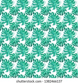 Seamless pattern with turquoise leaves monstera on white background