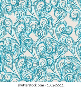 Seamless pattern with turquoise leaves on a beige background. vector illustration 