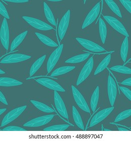 Seamless pattern with turquoise leaves on dark background