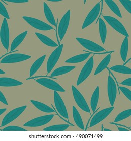 Seamless pattern with turquoise leaves on ivory background