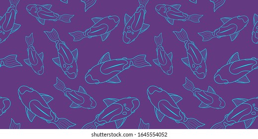 seamless pattern with turquoise linear koi carps on a purple background. for paper, cover, fabric, interior decor and other users