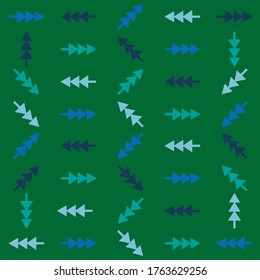 Seamless pattern with turquoise, navy and light blue tree shapes and green
 background.