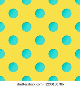 Seamless Pattern With Turquoise Paper Cut Circles On Yellow Backdrop. 3d Paper Art Concept With Polka Dot. 