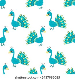 Seamless pattern with turquoise peacock bird, on white background, a childish pattern