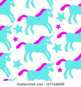 Seamless pattern with turquoise / pink unicorns and stars on transparent background. Repetitive flat vector illustration. EPS 10.