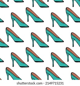 Seamless pattern with turquoise shoes on white background. Vector image.
