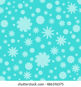 Seamless pattern with turquoise stars, dots, snowflake, flowers on blue background. Sky background. Vector illustration.