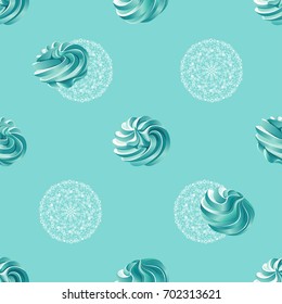 Seamless pattern with turquoise swirl meringue (zephyr, marshmallow) and delicate white round lacy doily isolated on background. 