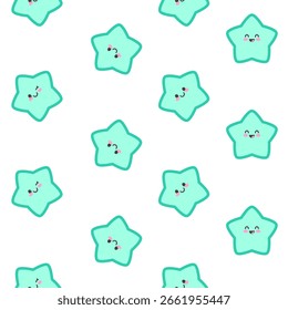 Patrón sin fisuras con estrellas kawaii turquesa verde azulado con cara feliz. Buenas noches de niños, ilustración de vivero, impresión de pijama.