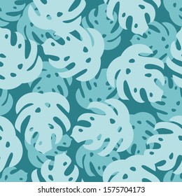 Seamless pattern with turquoise tropic leaves, tropical background