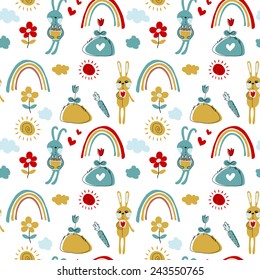 Seamless pattern.  Turquoise and yellow love hares with colored flowers and rainbows