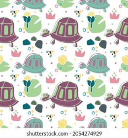 Seamless pattern with turtle, bee, water lily and stones on white background. Vector illustraton.
